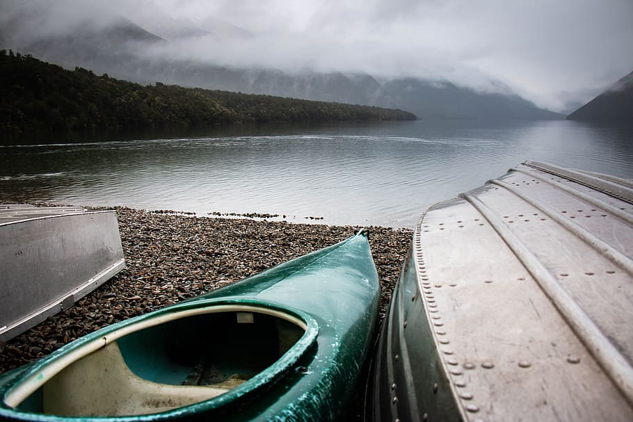 green kayak near body of water, boat, shore, beach, cloudy, lake HD wallpaper