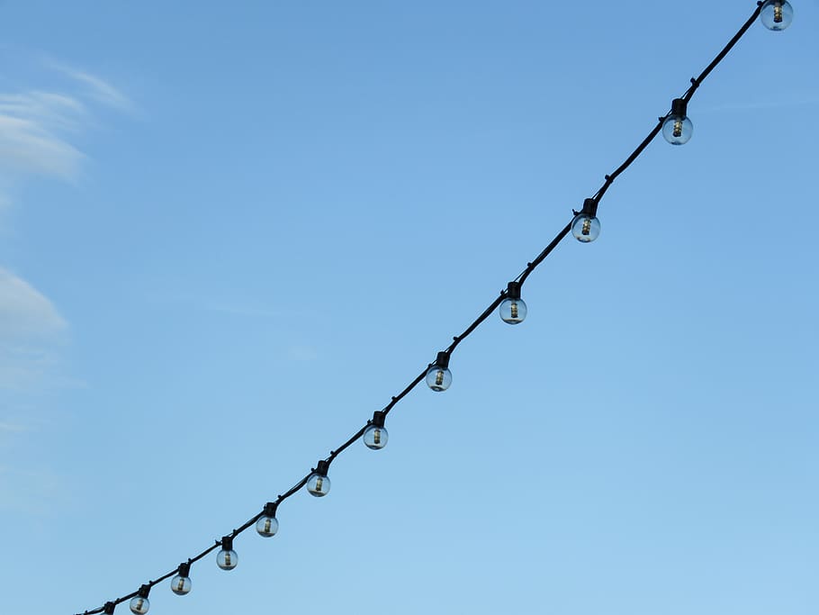 string lights, bulbs, blue, sky, chain, metal, no people, safety HD wallpaper