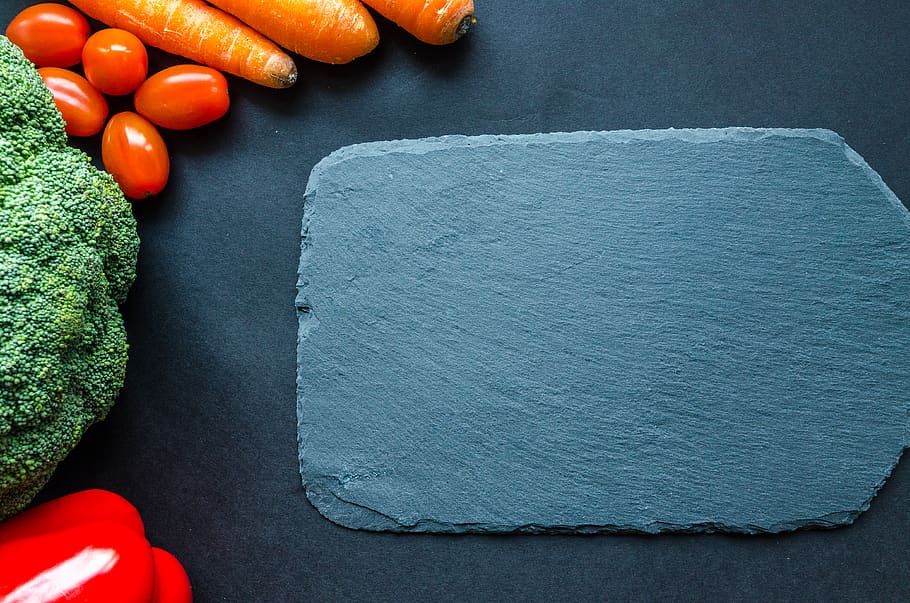 Gray Chapping Board Beside Vegetables, broccoli, carrots, close-up HD wallpaper