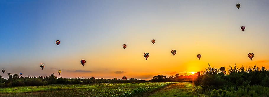 balloons, sunset, wallpaper, sky, air vehicle, hot air balloon HD wallpaper