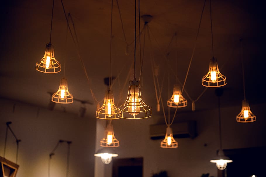 Pendant Lamps Turned on, bright, decoration, illuminated, light HD wallpaper