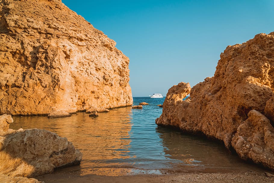rock, sea, blue, beach, yacht, boat, coast, ocean, water, vacations HD wallpaper
