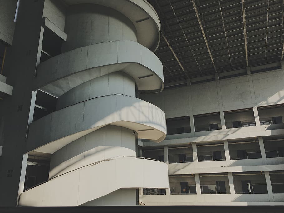 gray concrete building, office building, architecture, handrail HD wallpaper