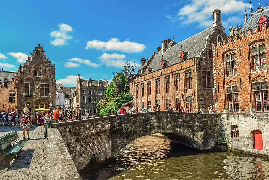 belgium, brugge, canal, bridge, river, architecture, street