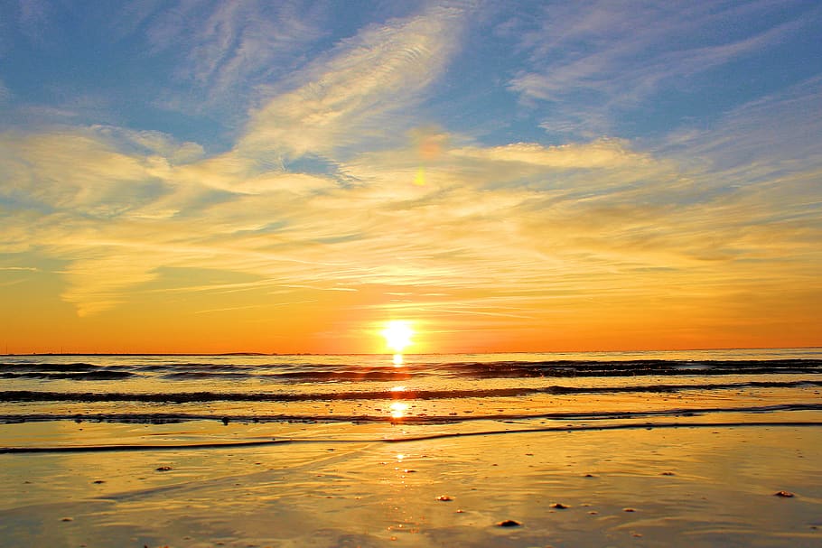 sky, sea, water, sunset, scenics - nature, beach, land, horizon over water HD wallpaper