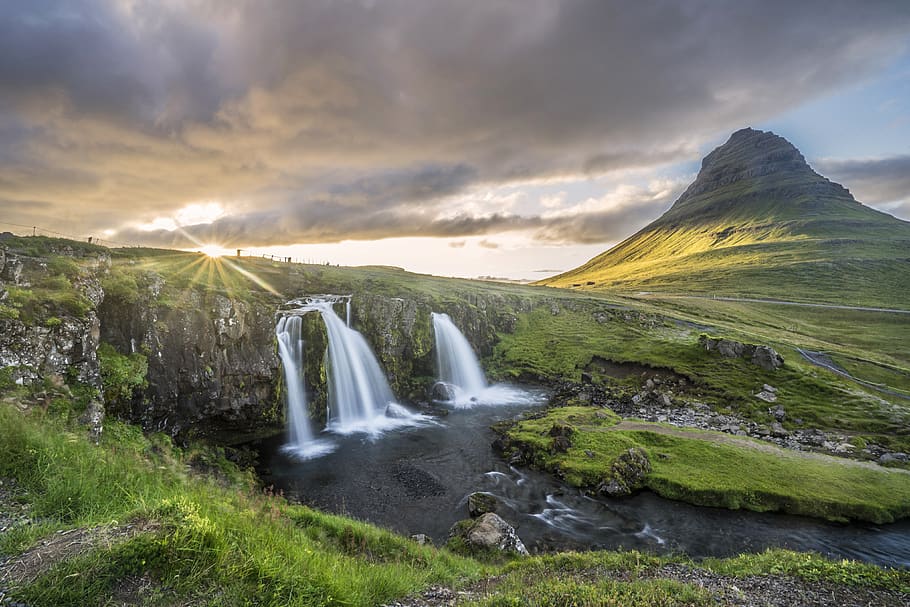 waterfalls and mountain, scenics - nature, beauty in nature, cloud - sky HD wallpaper