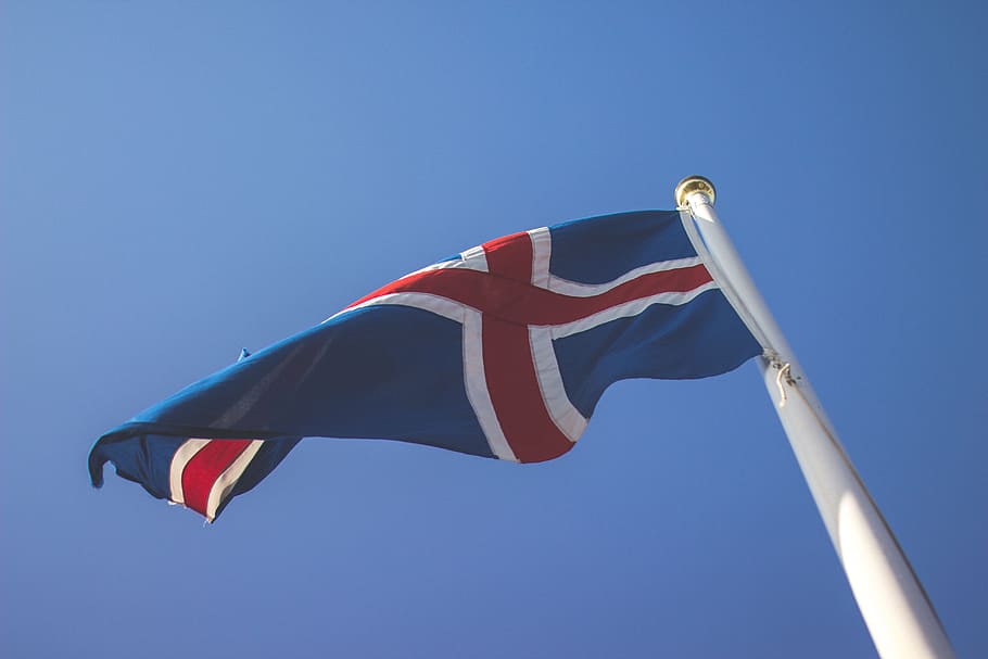 waving blue and red country flag, flagpole, sky, iceland, uSA HD wallpaper