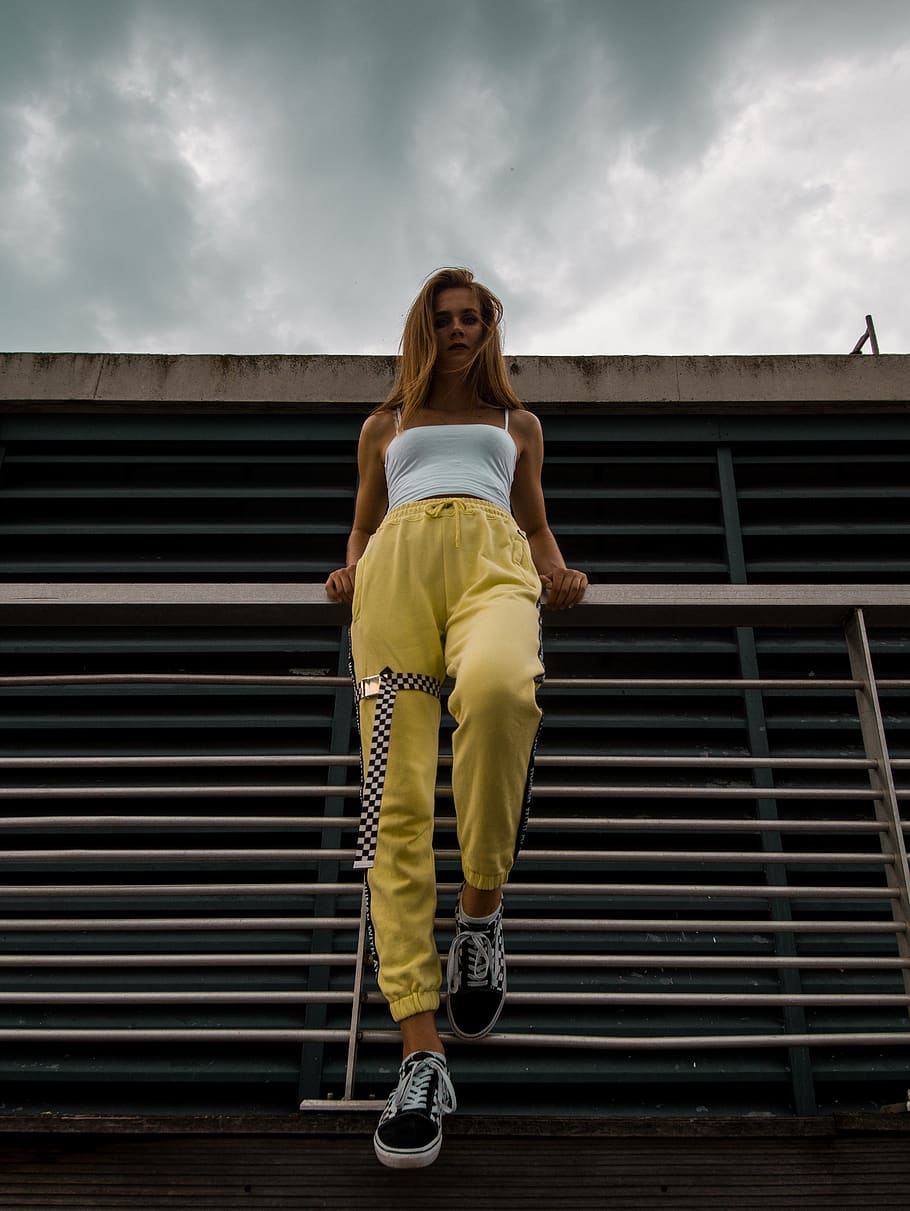 france, vienne, clouds, yellow, pose, woman, full length, one person HD wallpaper