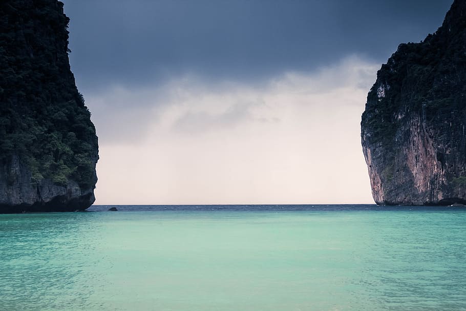 blue, sky, clouds, water, beach, cliffs, island, sea, ocean HD wallpaper