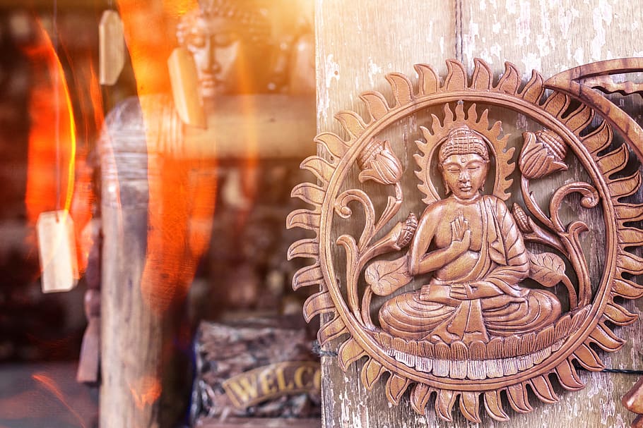 Buddha Brown Wooden Wall Decor Hanging on Gray Surface, art, background HD wallpaper