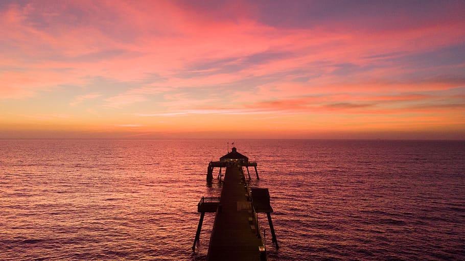 brown dock, sea, sunset, sky, water, horizon over water, cloud - sky HD wallpaper