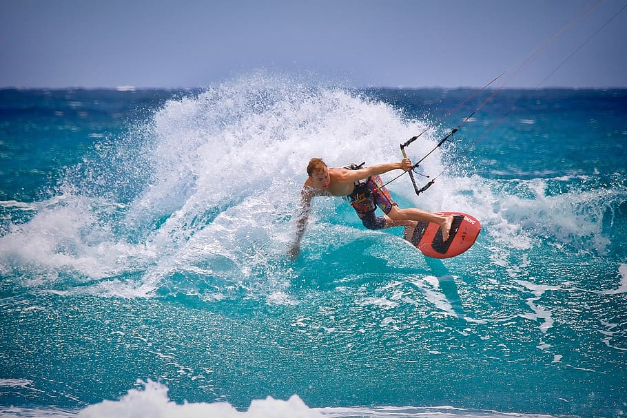 Man Kite Surfing, action, daytime, fun, kitesurfing, motion, ocean, HD wallpaper