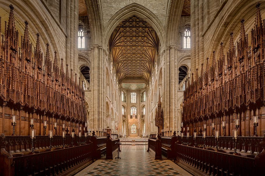 photo of pew and cathedral, aisle, indoors, church, building, HD wallpaper
