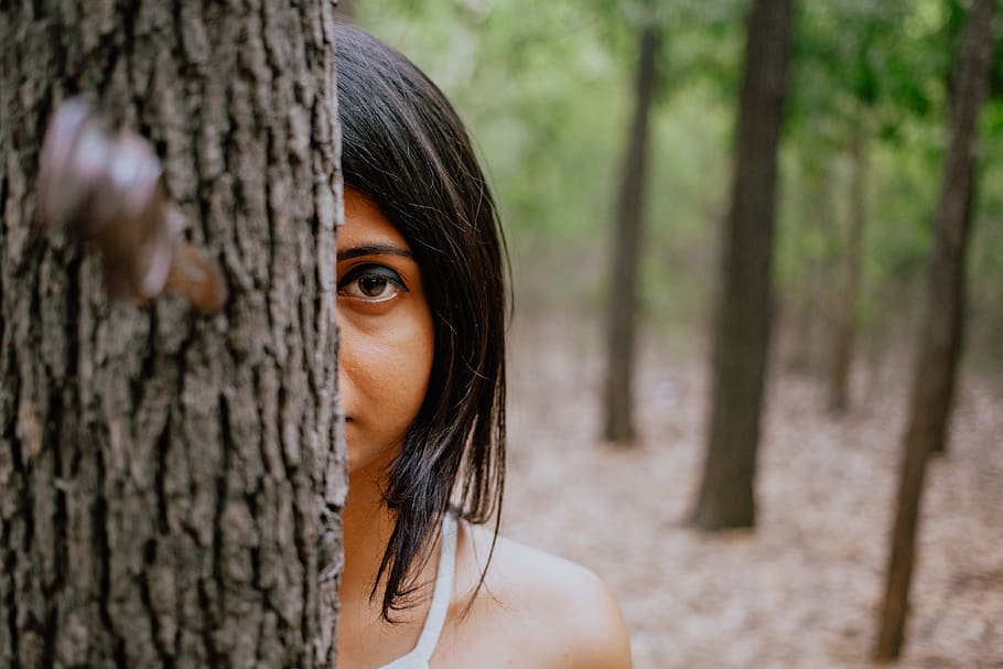 woman behind tree, plant, human, person, animal, bird, face, tree trunk HD wallpaper