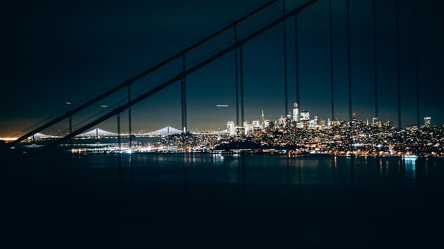 lighted city buildings, line, night sky, plane, water, skyline HD wallpaper