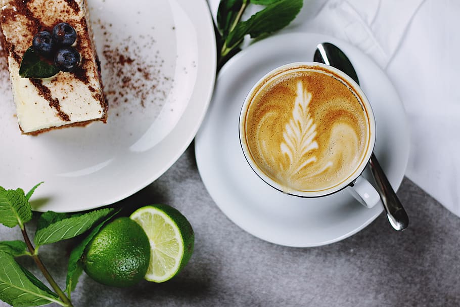 spoon, cup, saucer, coffee, latte, art, blueberry, cheesecake HD wallpaper