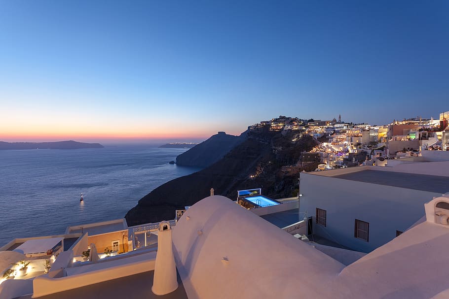 Santorini, sky, water, sea, architecture, building exterior, nature HD wallpaper