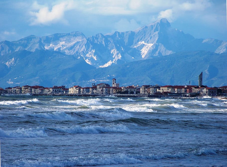 sea, ocean, wave, wavy, nature, landscape, water, mountain HD wallpaper