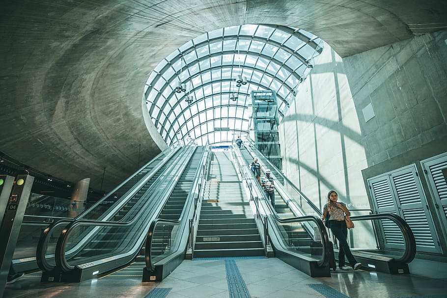 Photo of People Walking From Escalator, architectural design HD wallpaper
