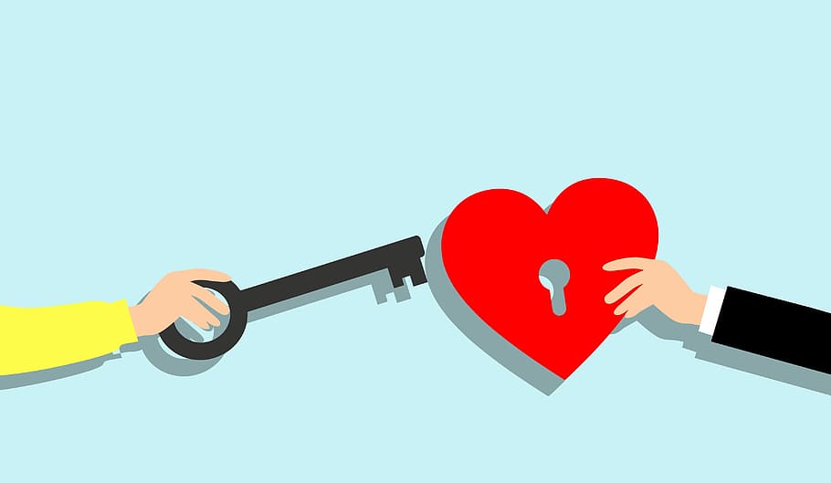 Illustration of hand holding key to heart., love, woman man, soulmate