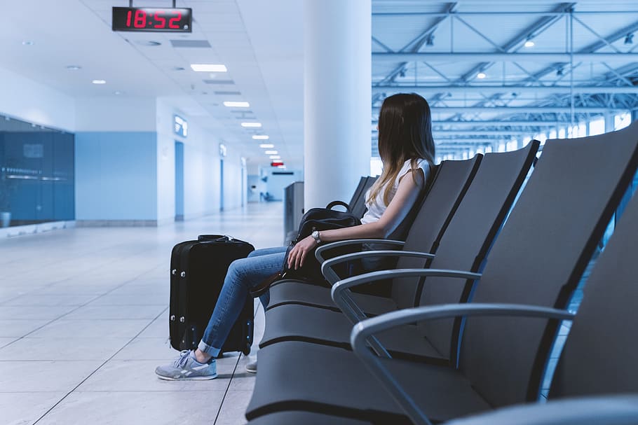 Young girl with long hair is sitting in airport., seat, chair, HD wallpaper