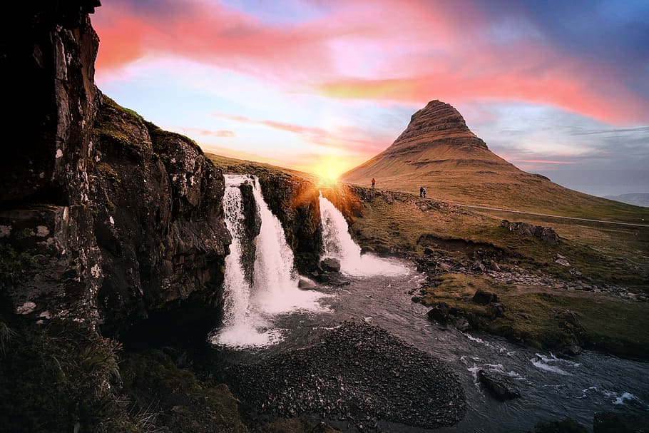 waterfalls between rock formation at golden hour, mountain, landscape HD wallpaper