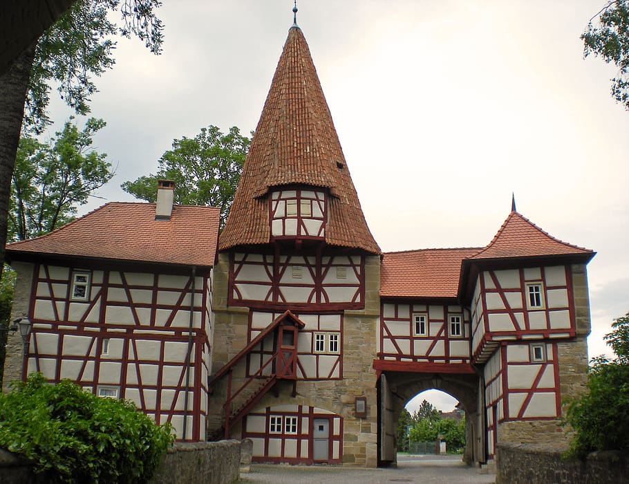 germany, iphofen, framework, timbered house, gate, towngate of iphofen HD wallpaper
