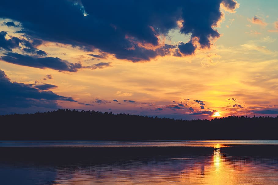 sunset, lake, water, sky, nature, evening, reflection, clouds HD wallpaper