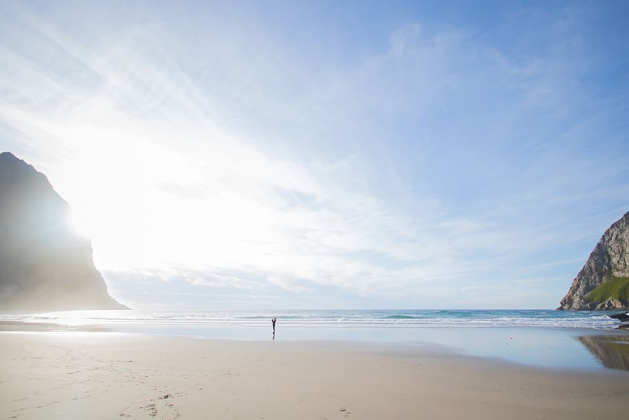 Person Walking at the Beach Seen Afar, blue, blue skies, blue sky