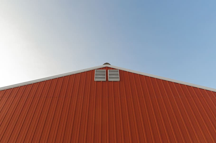barn, farm, sky, peak, roof, shed, metal, wall, building, aluminum HD wallpaper