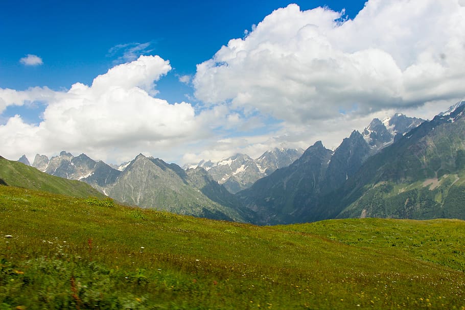 Green Grass Field, blue, clouds, daylight, landscape, mountain peak HD wallpaper