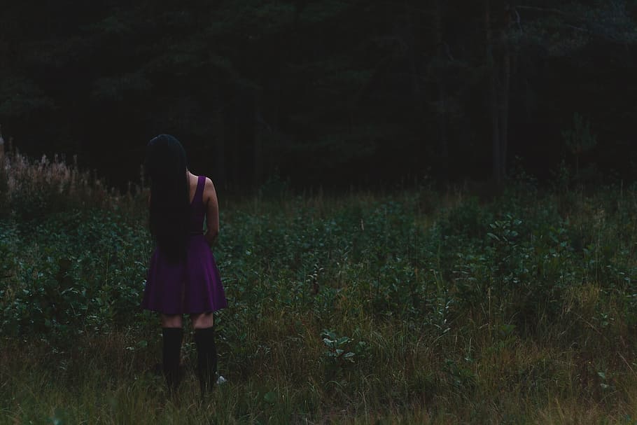 Photo of Woman Standing on Grass Field, back, back view, dress HD wallpaper
