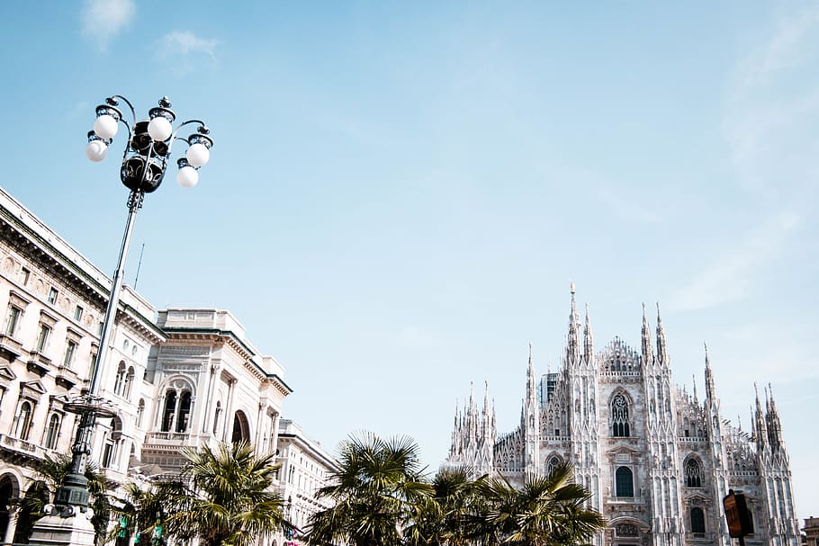 summer, mailand, dom, palmtrees, sky, blue, lamps, milan, city HD wallpaper