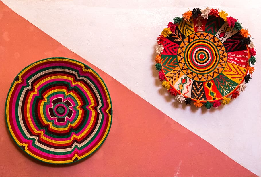 two decorative plates, multi colored, pattern, no people, geometric shape HD wallpaper
