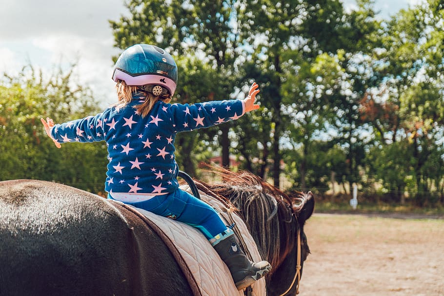 Girl Riding Black Horse, brave, child, courage, daytime, grass HD wallpaper