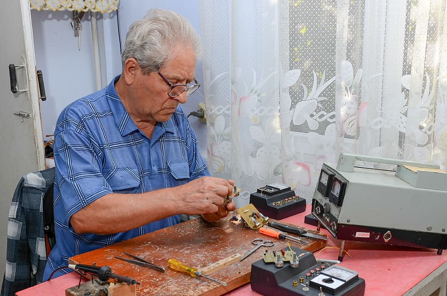 grandfather, grandpa, old, man, mature, works, braze, workshop