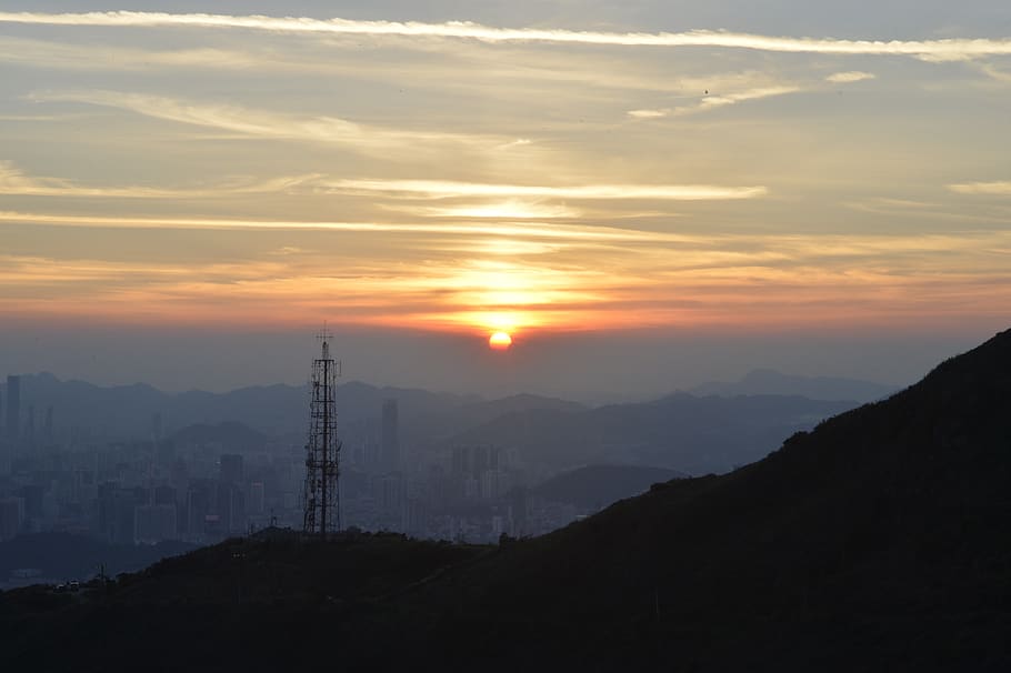 sun, sunset, city, town, sky, beauty in nature, mountain, scenics - nature HD wallpaper
