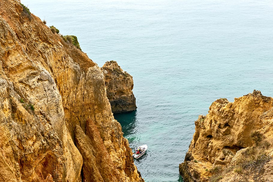 White Boat Near Cliff, bird's eye view, blue, cliff coast, cliffs, HD wallpaper