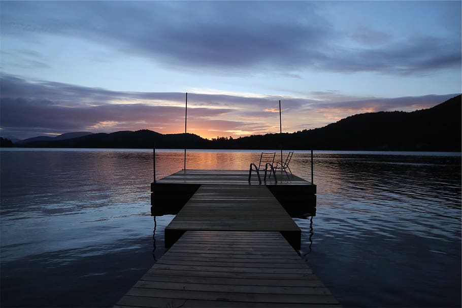 sunset, lake, water, dock, cottage, mountains, dusk, sky, clouds HD wallpaper