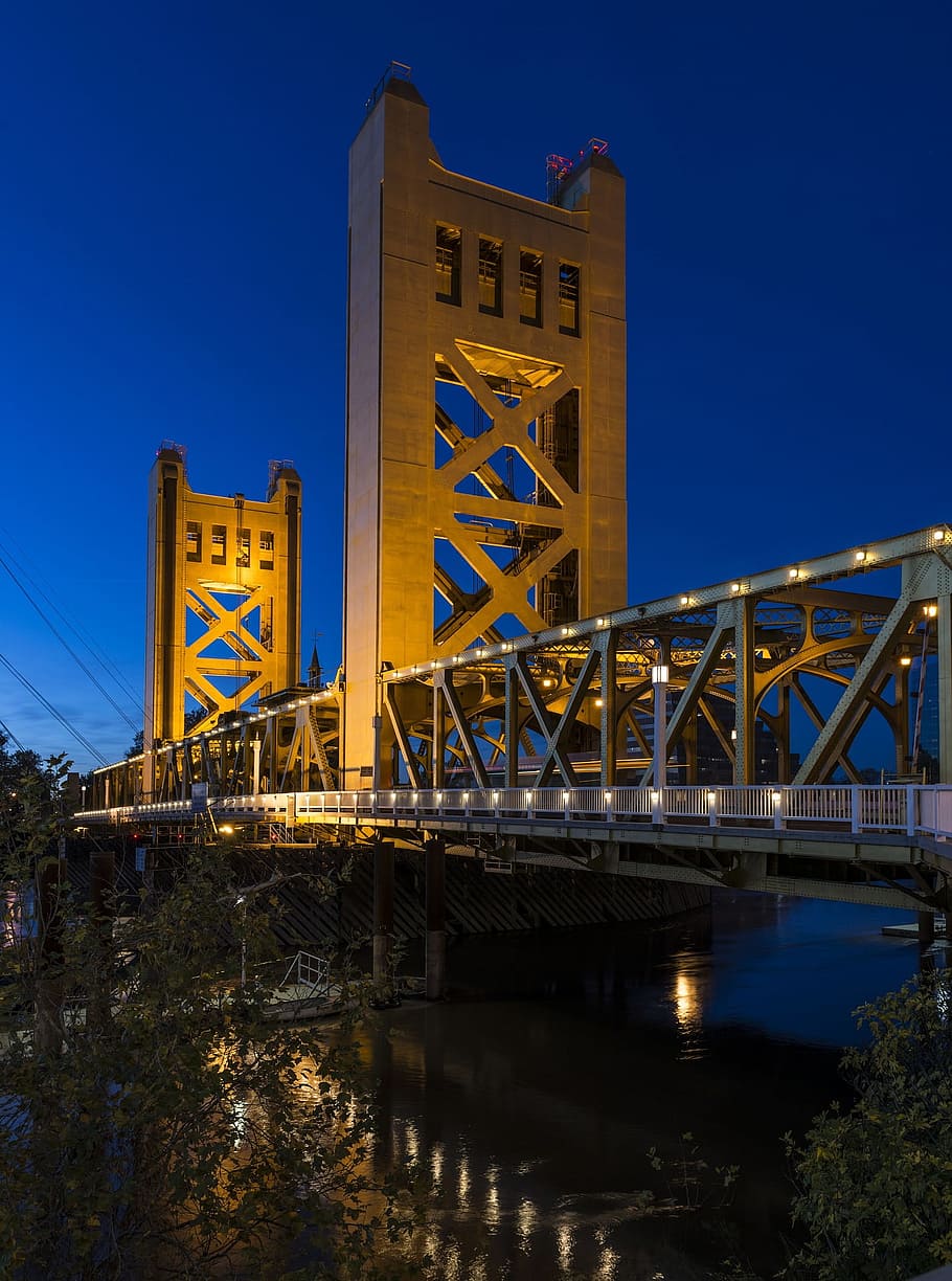 bridge, tower, construction, architecture, route, road, river HD wallpaper