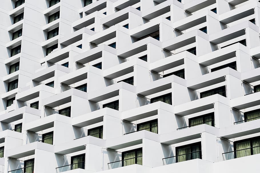 white concrete high-rise building, architecture, black and white, HD wallpaper