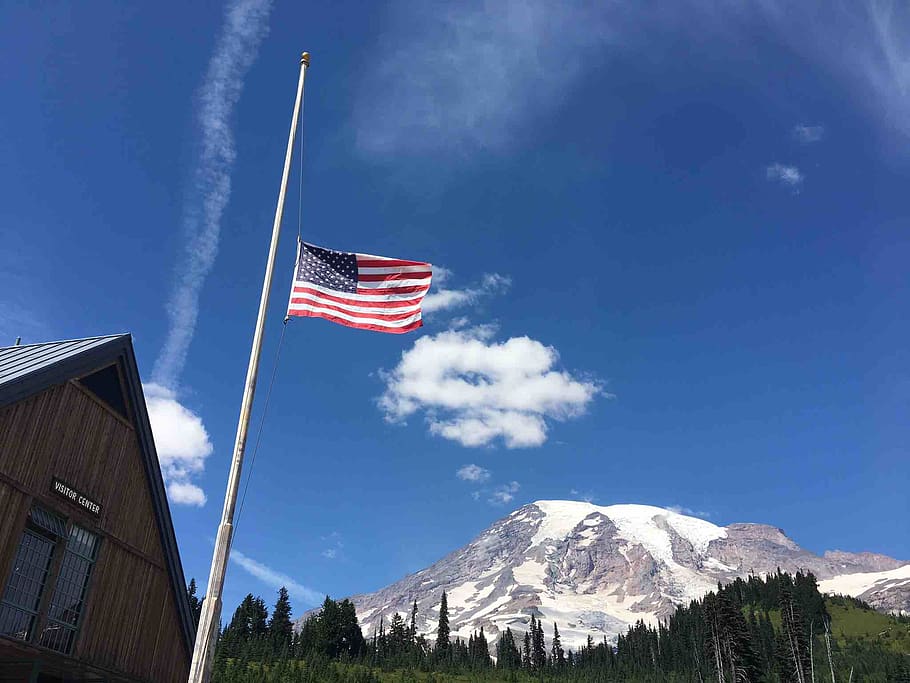 mountain, us flag, patriotism, sky, nature, striped, low angle view HD wallpaper