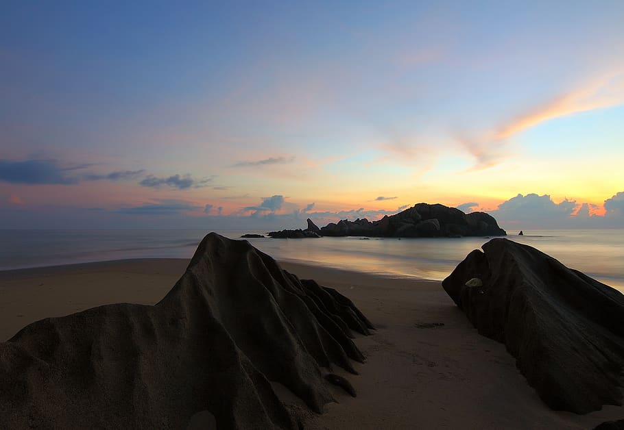 Island on Sea Under Blue Sky at Golden Hour, beach, clouds, dawn HD wallpaper