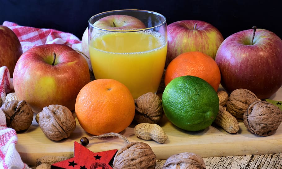 fruit, apple, tangerines, nuts, orange juice, fresh, healthy HD wallpaper
