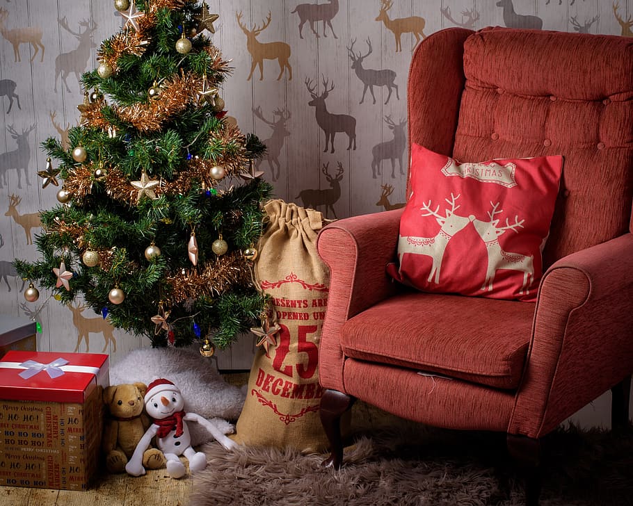 christmas, room, chair, stocking, tree, present, house, furniture