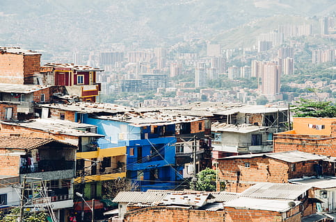 blue house, building, umbrella, canopy, urban, slum, colombia HD wallpaper