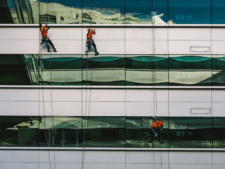 man cleaning white building, person, window, glass, window cleaner