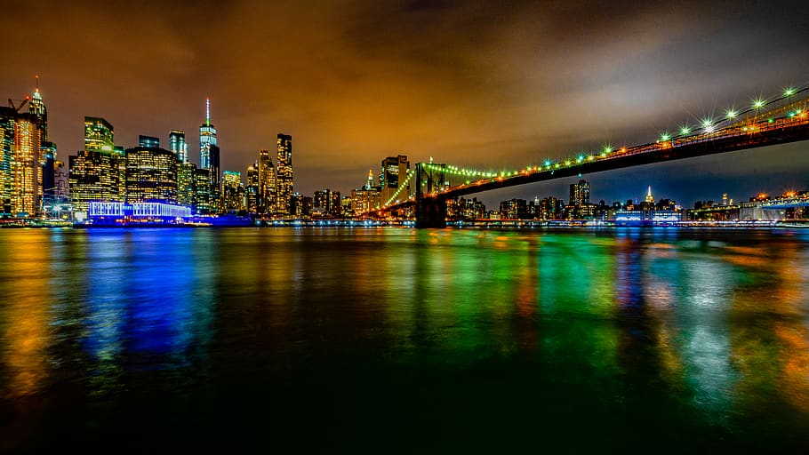 cityscape of lighted building, night, united states, brooklyn bridge park greenway