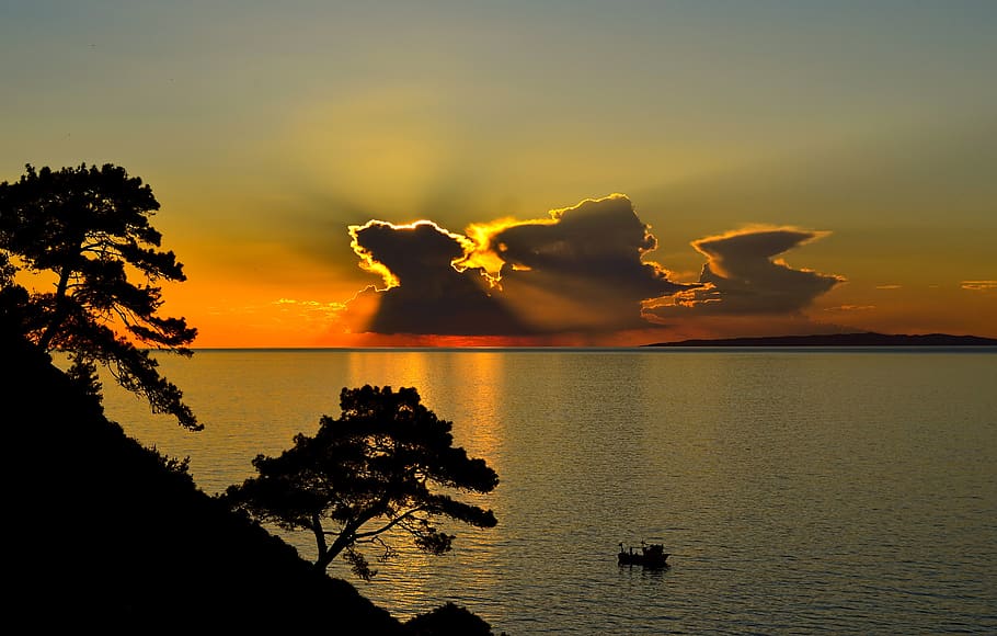 Photo of Golden Hour, boat, clouds, dawn, idyllic, ocean, reflection HD wallpaper