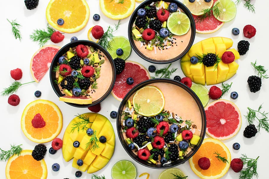 Assorted Fruits In Bowls, berries, citrus, citrus fruits, delicious, HD wallpaper